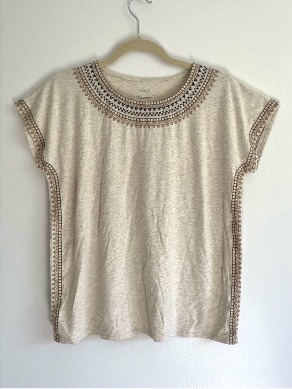 Purejill Boho Embroidered Crewneck Lightweight Shirt Top Neutral Minimalist S
